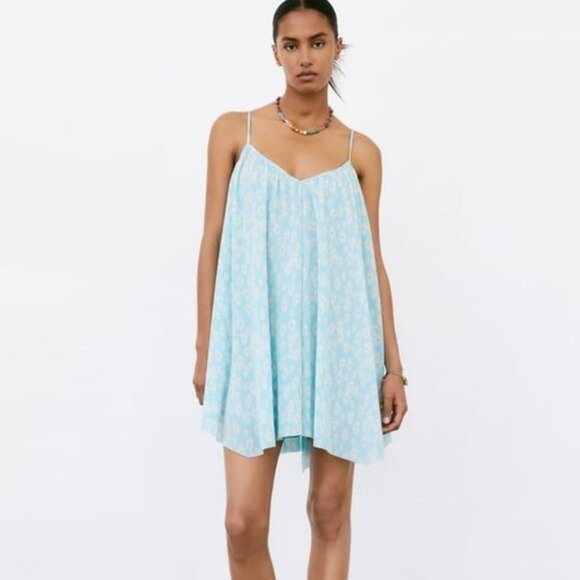 Zara Dresses & Skirts - NEW ZARA Pleated Baby Floral Blue Camisole Style Mini Dress, Size M